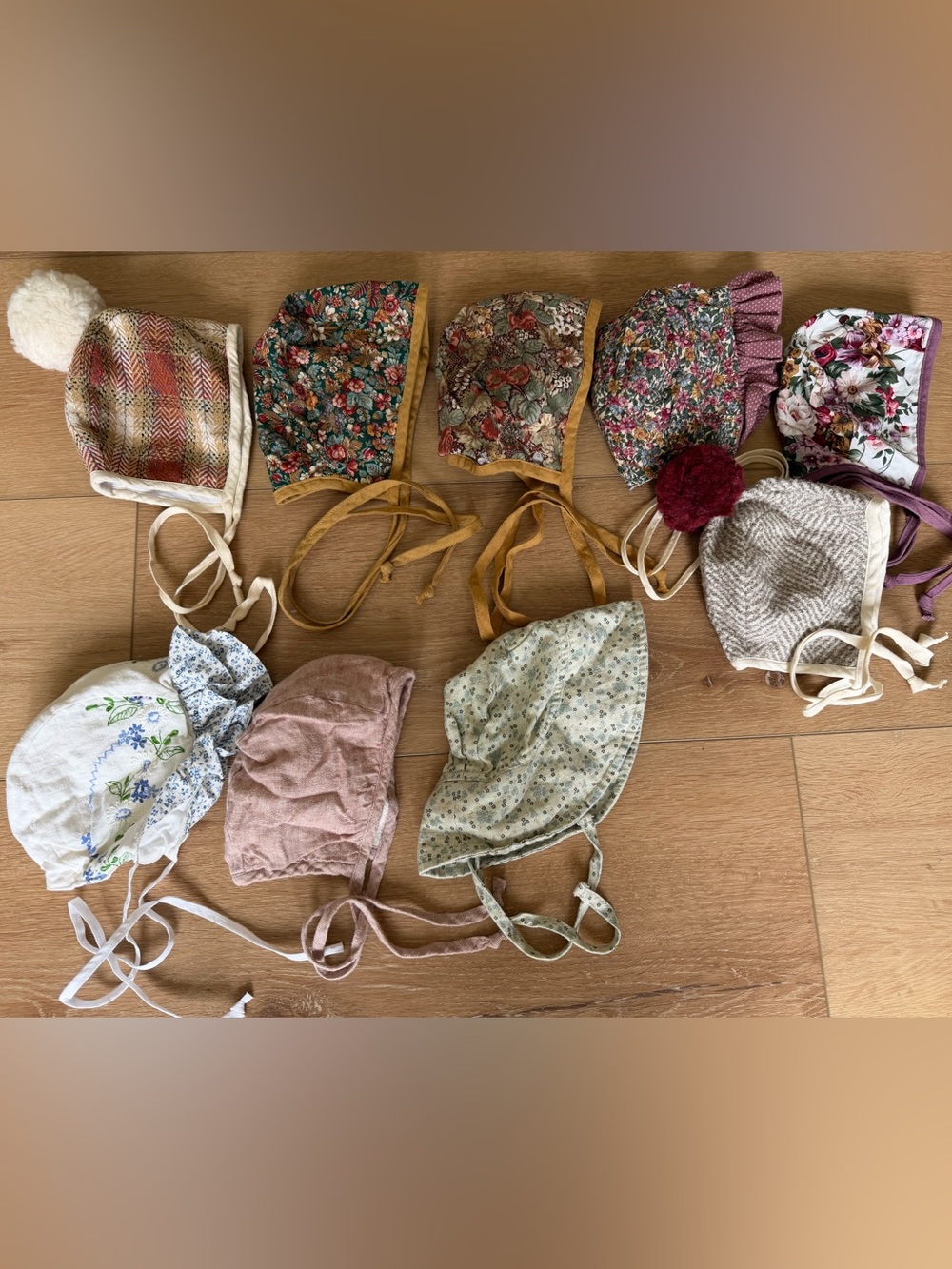 Bonnet collection, Sweet As April, Wildbird and Briar bonnets sizes 6-12 + 12-18